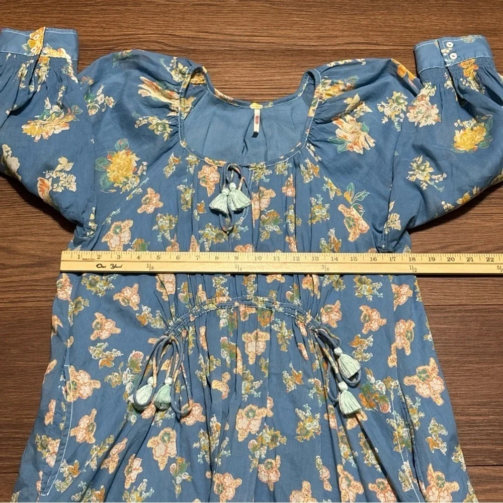 Free People Blue Ruffled Sundress with Square Neck Size: Small